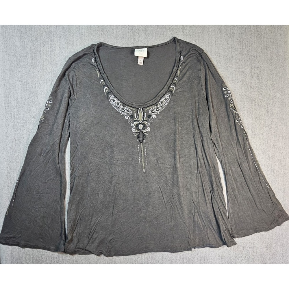 Knox Rose Women's Top Gray Long Sleeve Embroider Design Sz Large